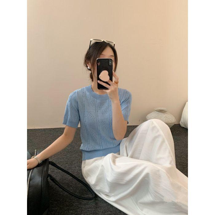 Топ женский вязаный с коротким рукавом и круглым вырезом, ажурный, в новом летнем стиле