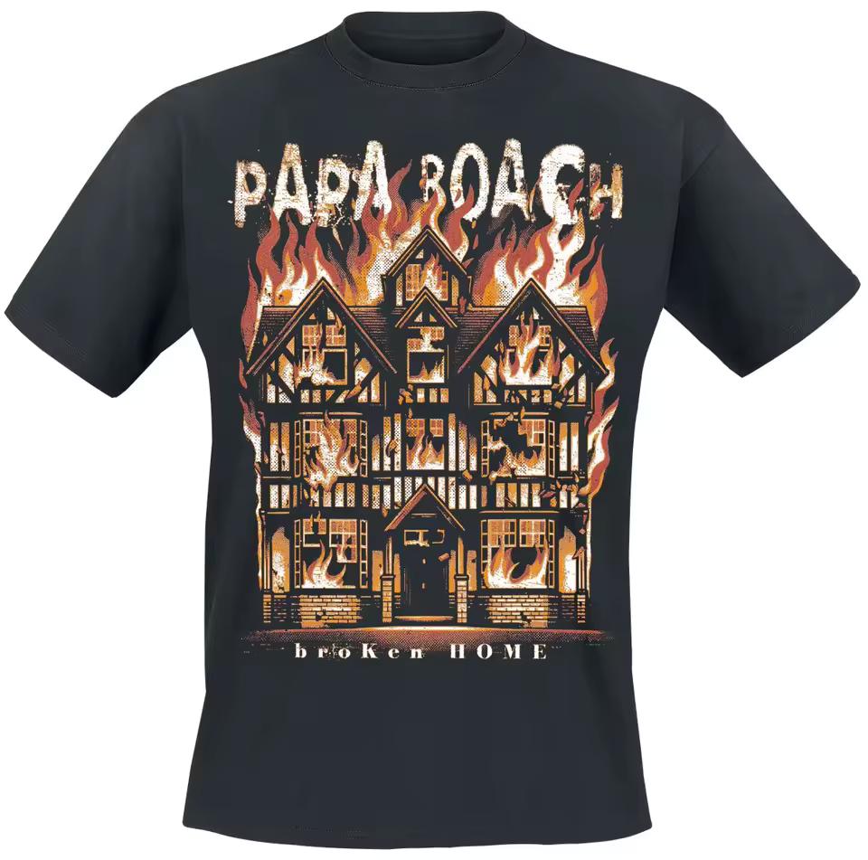 Papa Roach Broken Home Tee, Official Nu Metal Band Shirt with Burning House Print, 2000s Rock Fan Merch