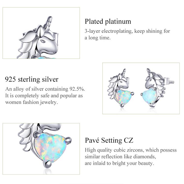 Bisaer Маленькие серьги-гвоздики из стерлингового серебра 925 пробы с опалом, красочные милые пони, свадебные украшения