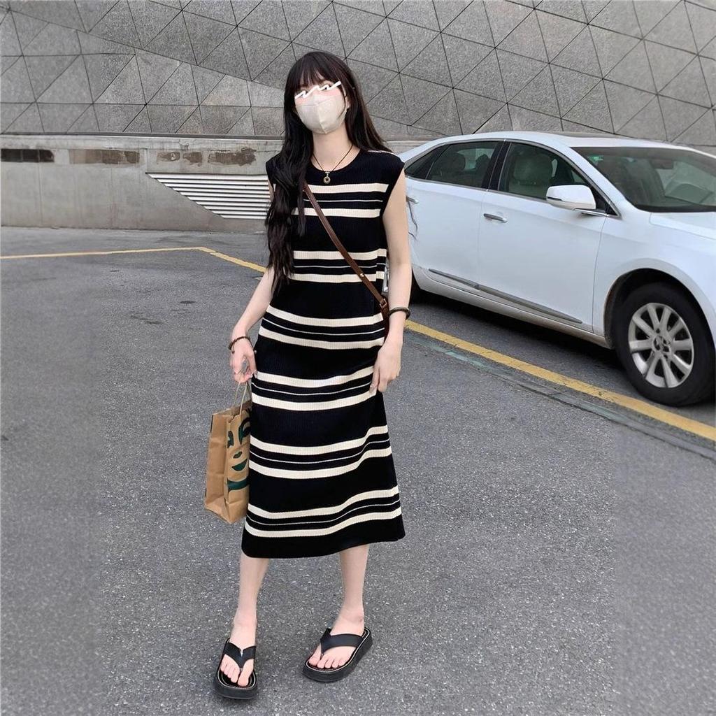 Casual Striped Sleeveless Ice Silk Midi Dress