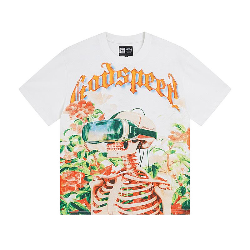 25SS Cross-border Meichao Godspeed Skull Rock Band Basketball Retro Short Sleeve T-Shirt Couple Same Style