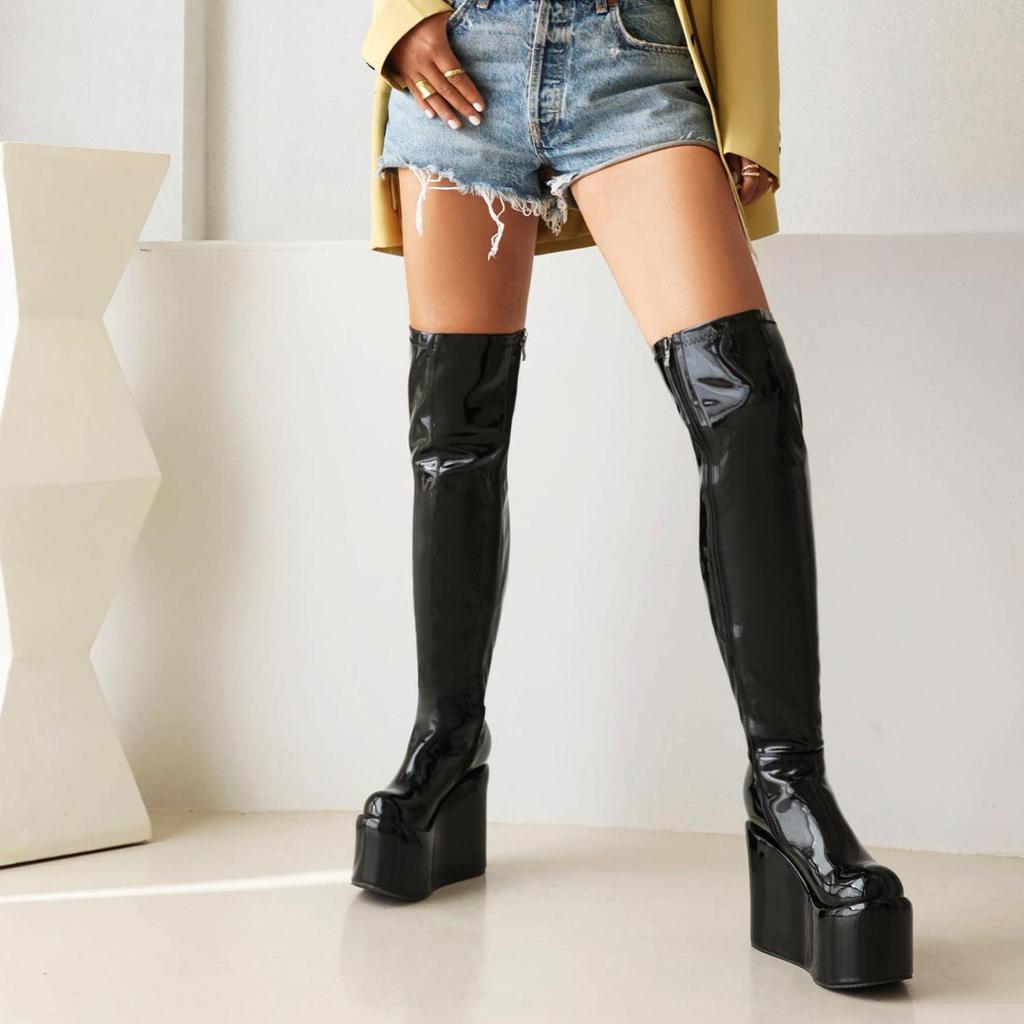 Krazing Pot PU Leather Spring Winter Keep Warm Shoes Super High Heels Waterproof Wedges Stretch Boots Zipper Women Over-the-knee Boots