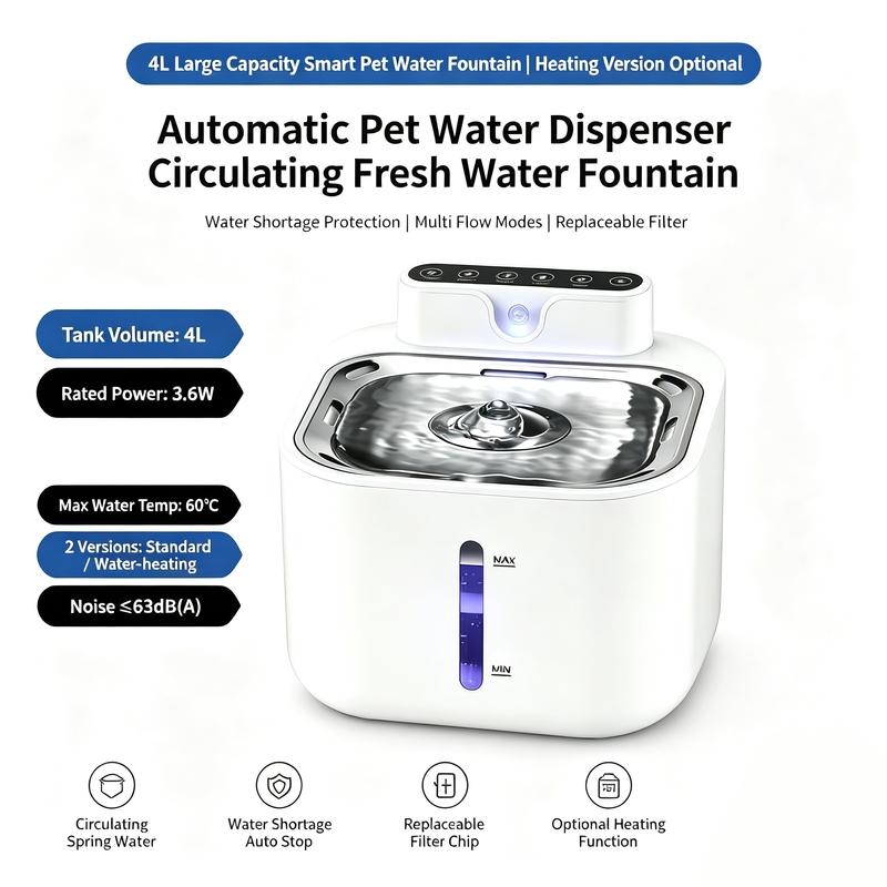 Pet Water Fountain Auto Dispenser 4L 3 Modes Quiet Filter Reminder for Cats Dogs Indoor Heating