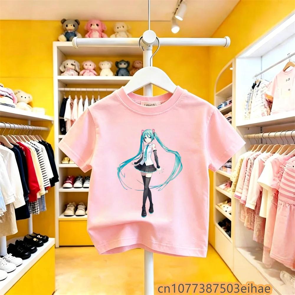 Trendy Kawaii Hatsune Miku Kids Short Sleeve TShirt Anime Print Crew Neck Pullover Summer Casual Cute Daily Wear for Boys Girls