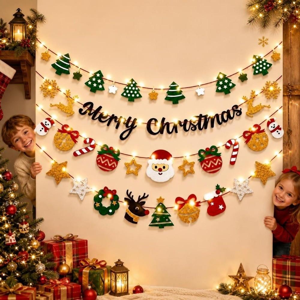 Warm Light Wall Hanging Banner Cartoon DIY Pull Flag Christmas Luminous Banner Christmas Party