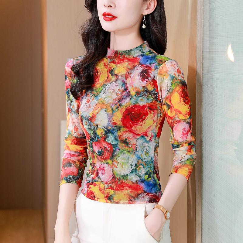 Floral Print Mesh T-Shirt Women's Autumn Stretch Slim Fit Top Long Sleeve Pullover Sweatshirt