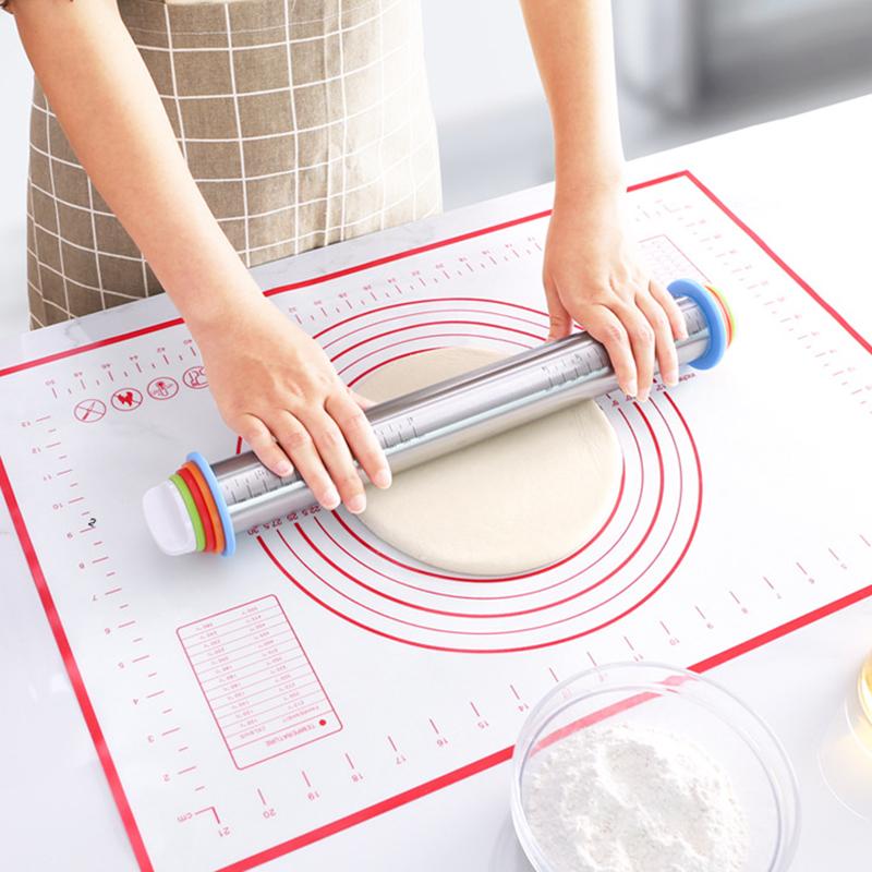 Adjustable Rolling Pin Dough Mat Dough Roller Stainless Steel Fondant Paste Cake Tool Dough Roller 4 Removable Ring For Pizza