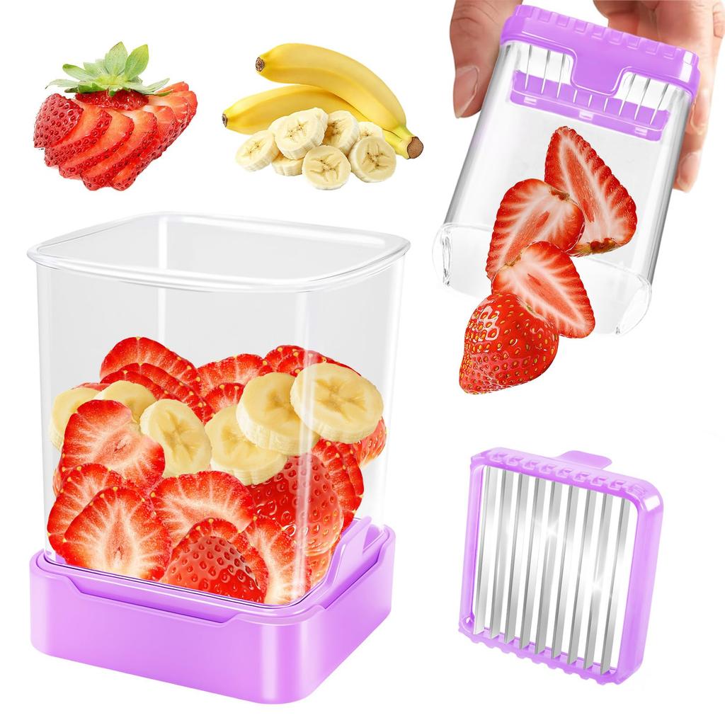 Fruit Slicer Cup for Strawberry, Banana, Hard-Boiled Egg - Detachable Cutter with Push Plate - 304 Stainless Steel Blade - Rapid & Safe Slicing