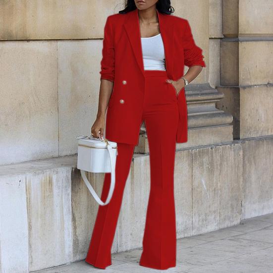 1 комплект, женский пиджак, брюки, сплошной цвет, широкие брюки, осень-зима, двубортный костюм с лацканами, комплект для офиса