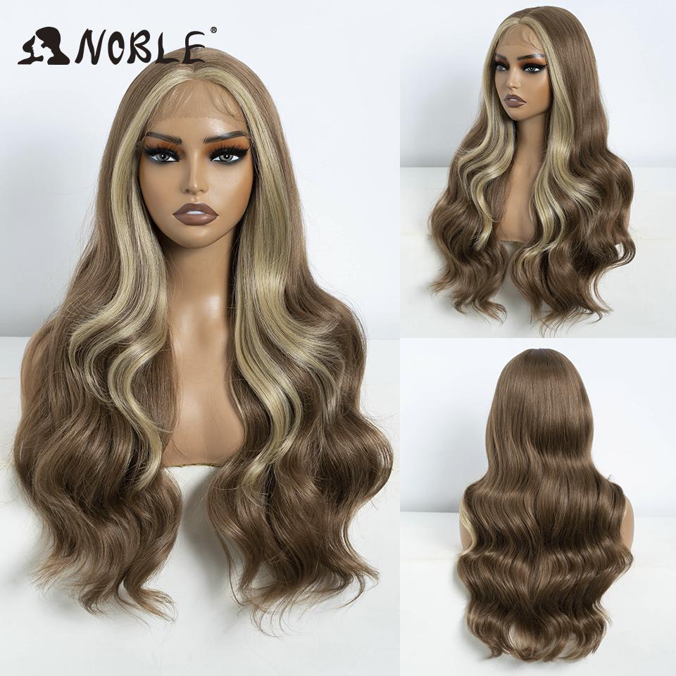 Noble Synthetic Lace Front Wig Long Wavy Wig 26 Inch Lace Part Body Wavy Lace Wig For Women Brown Ombre Blonde Cosplay Wig