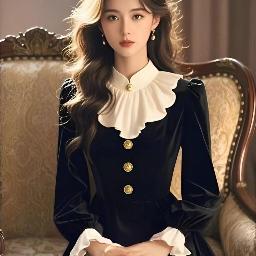 Элегантное Ретро Черное Бархатное Платье с Оборками - Осень/Зима