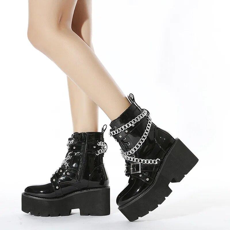 8cm Heels Thick Bottom Slope Heel Short Boots Muffin Metal Chain Front Lace Up Boots Large Women's Boots Lhx