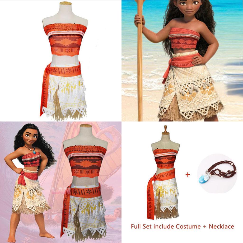 Delightful Girls Kids Moana Princess Costume Fancy Dress Set With Elegant Necklace Accessory