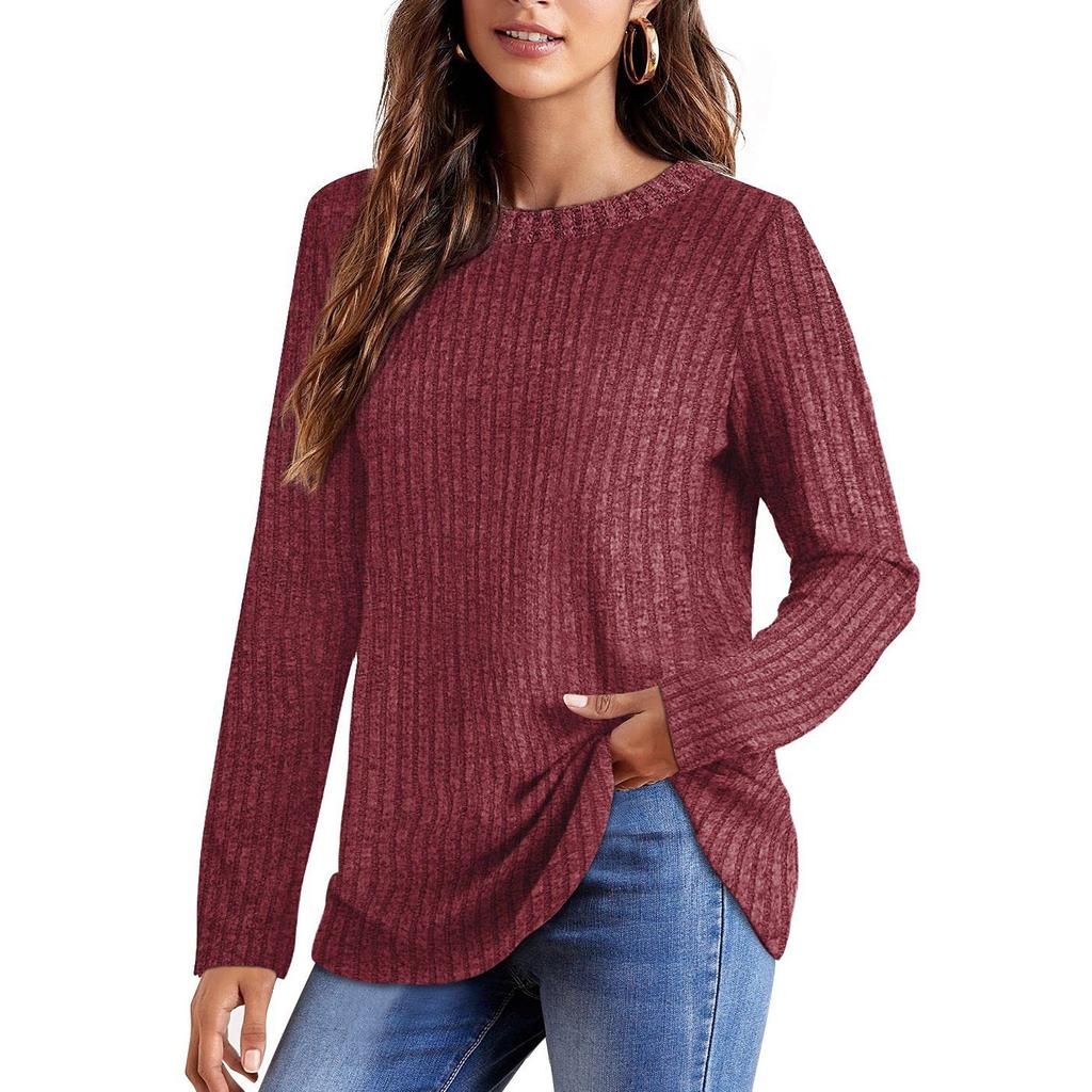 Womens Long Sleeve Tops Plus Size Crew Neck Jumpers Solid Color Pullover T-Shirt Tunic Shirt