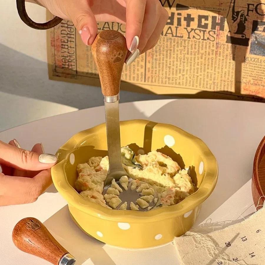 Картофелемялка из нержавеющей стали с деревянной ручкой, многофункциональная, для пюре из тыквы, бананов, грязи, кухонный измельчитель для продуктов, кулинарные инструменты
