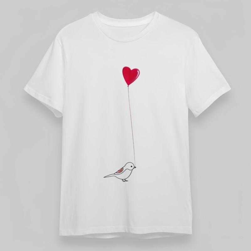 Women's Fashion T-Shirt Mens Womens Tees Top Red Heart Balloon With Gray Bird Cotton Oversize Tee