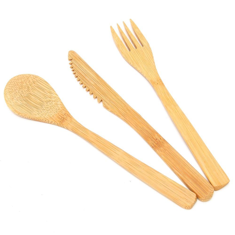 6Pcs Smooth Sanded Fork Spoon Kit Bamboos Dining Utensil Lightweight Eating Set Household