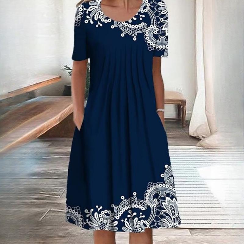 Женская мода лето весна однотонный принт с коротким рукавом и круглым вырезом с высокой талией повседневные платья