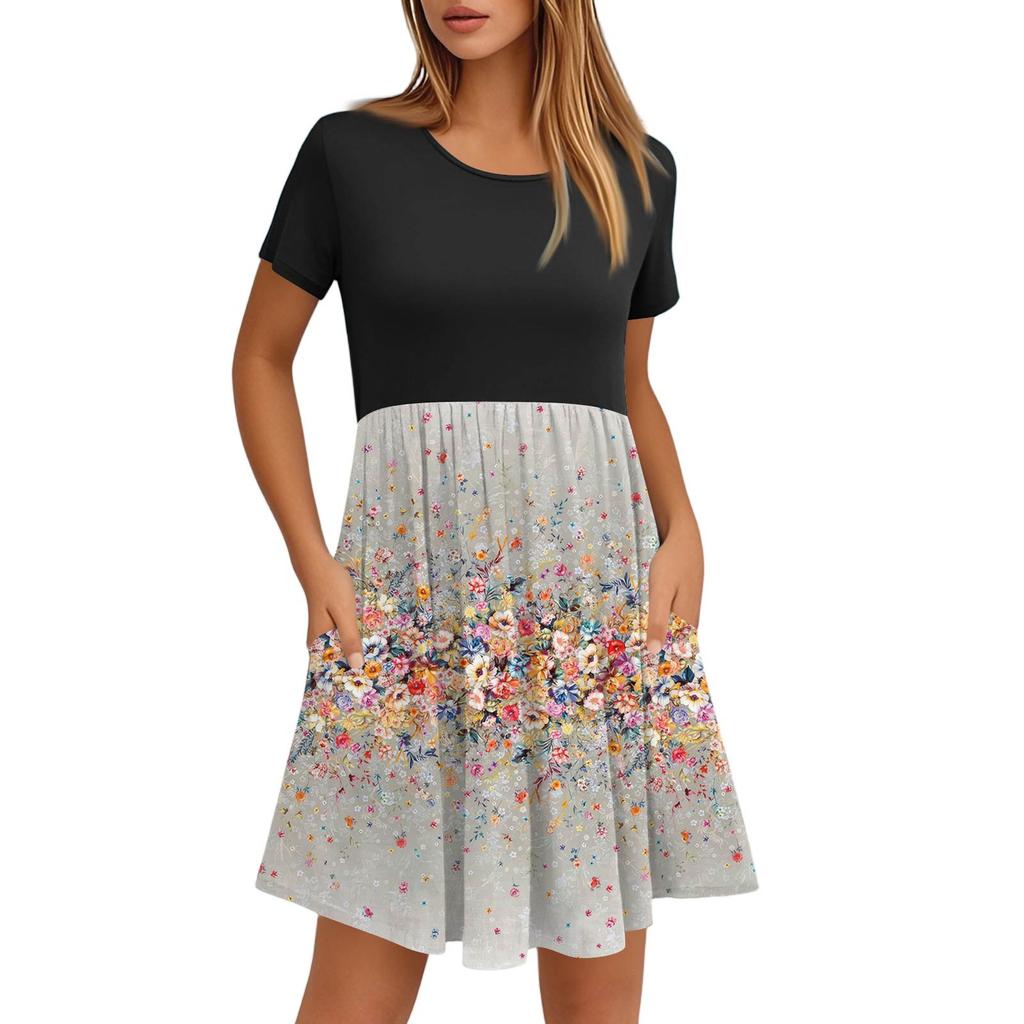 Женские модные повседневные свободные платья с круглым вырезом и коротким рукавом с принтом и карманами