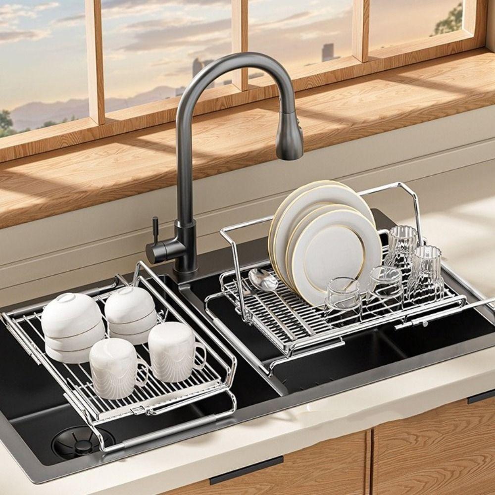 Stainless Steel Sink Drain Basket Non-Slip Dish Drying Rack Utensil Drainer for Kitchen