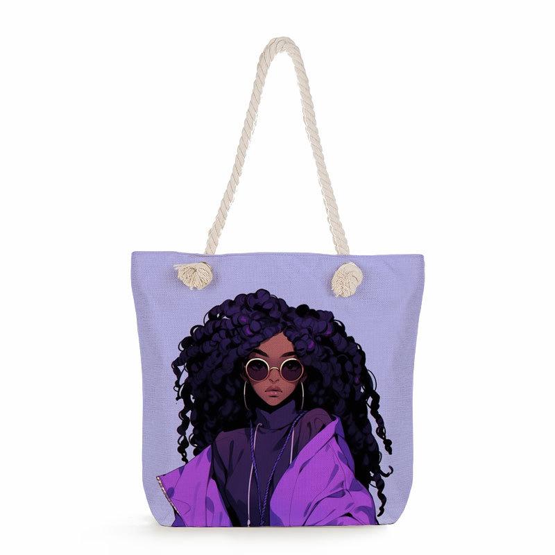 Multifunctional Black girl Printed Thick Rope Shoulder Beach Bag 7581 KTB