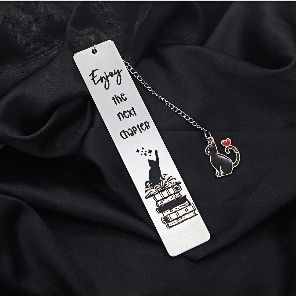 Stainless Steel Metal Bookmark Cat Long Chain Cat Pendant School Supplies Engraved Bookmark