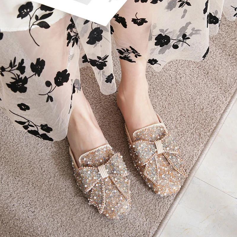 Тапочки Baotou для женщин с квадратным носком, блестками и бусинами, мюли, женская обувь, модные шлепанцы с жемчугом и блестками, большие размеры 34-43