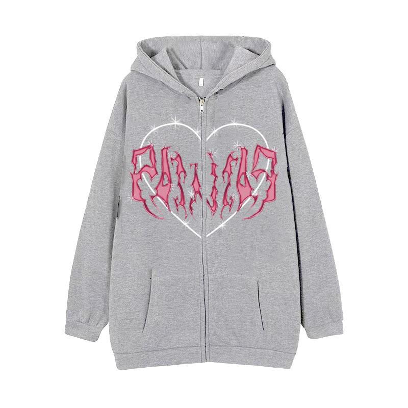 Skull Wing Print Hooded Zip-Up Sweatshirt Women Loose Fit Fleece Lined Long Sleeve Streetwear
