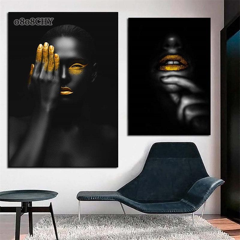 Modern Character Home Living Room Decoration Painting African Woman Black Gold Art Canvas Posters and Prints Wall Art Mural