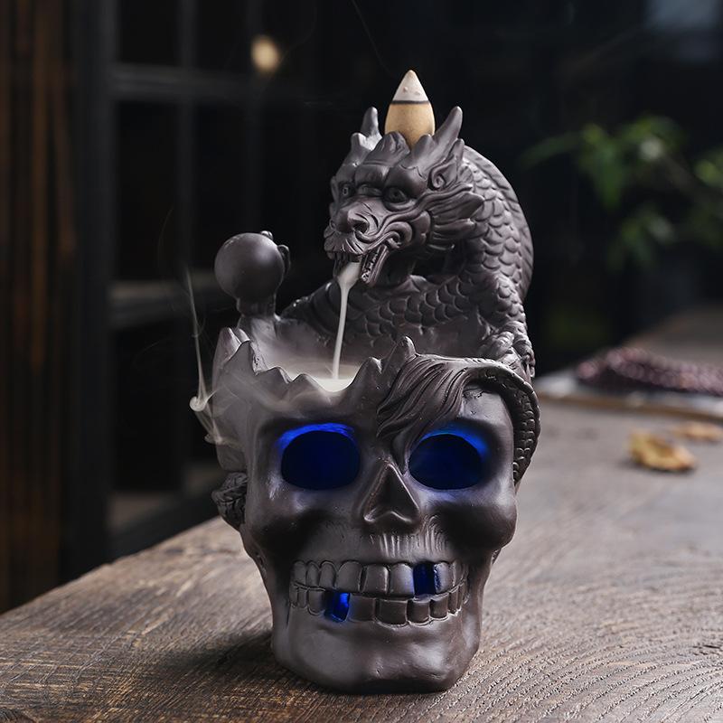 1pc LED Waterfall Dragon Incense Burner Skull Backflow Incense Burner Halloween Home Decor Home Aromatherapy (Without Incense)