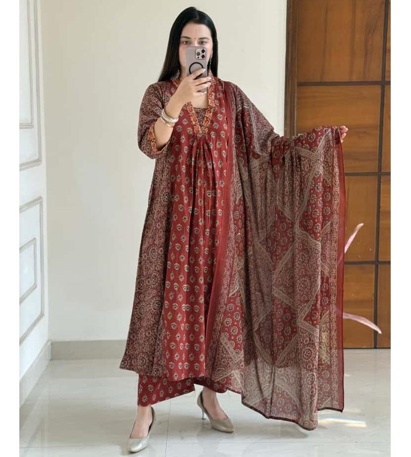 Женский set: printed Anarkali Kurta из вискозы, брюки и дупатта