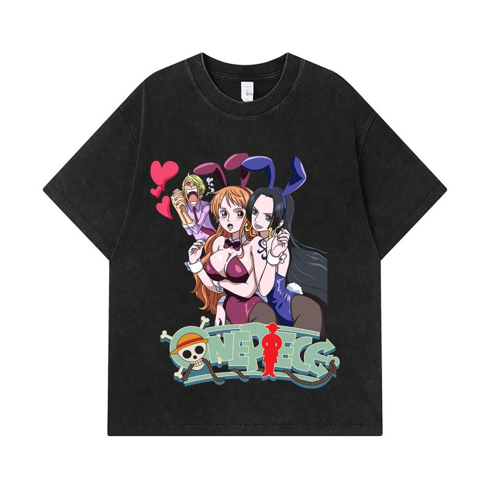 Стиранные футболки 275 г/м² 100% Хлопок One Piece V53 Нами Боа Принт Унисекс Тяжелая Хлопковая Футболка