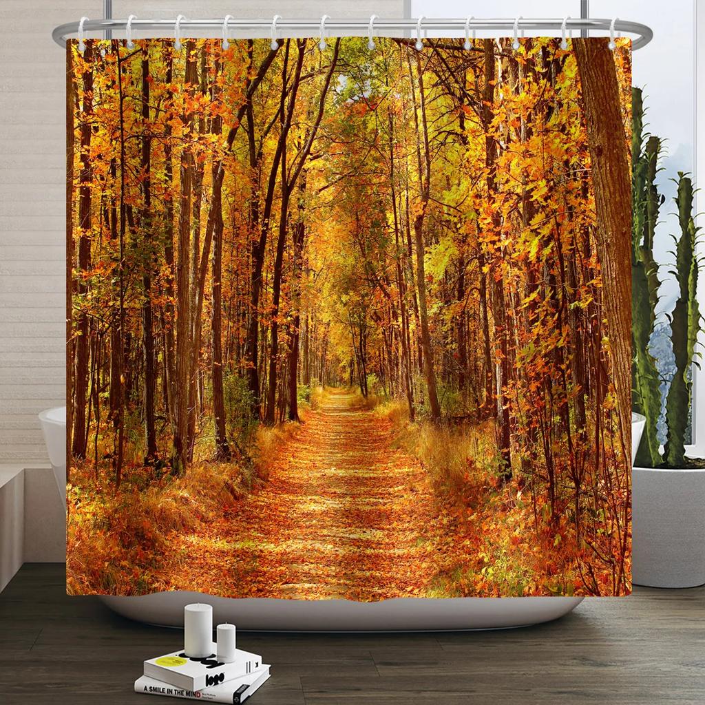 Autumn Forest Maple Shower Curtain Natural Jungle Leaves Pumpkin Fall Bathroom Shower Curtain Waterproof Shower Curtain Decor