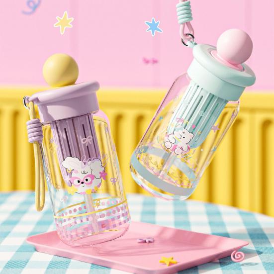 500ML Large Capacity Cartoon Water Bottle with Straw Heat-Resistant Leakproof Transparent Portable Lightweight Outdoor Sports Travel Drinking Cup