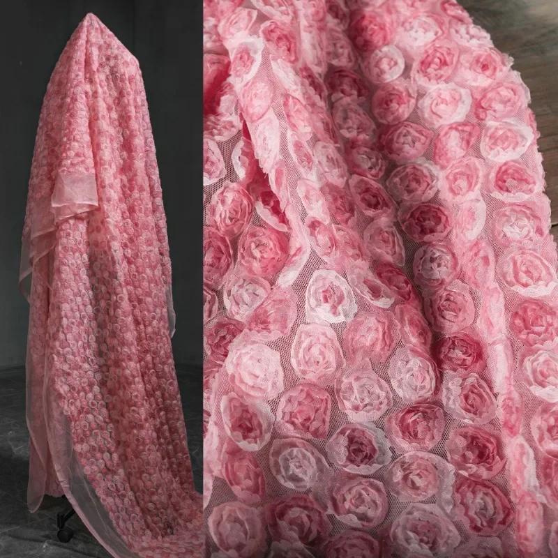 100x150cm Pink Rose Mesh Fabric Three-dimensional Flower Lace Embroidery Dress Clothing Designer for Diy Sewing Material