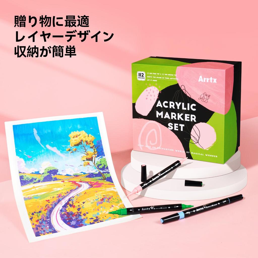 Arrtx Acrylic Set Fine Brush Tip Compatible with and Plastic Scrapbooking and Card Decoration For Professionals and DIY Markers, 112-Color 2-Way &