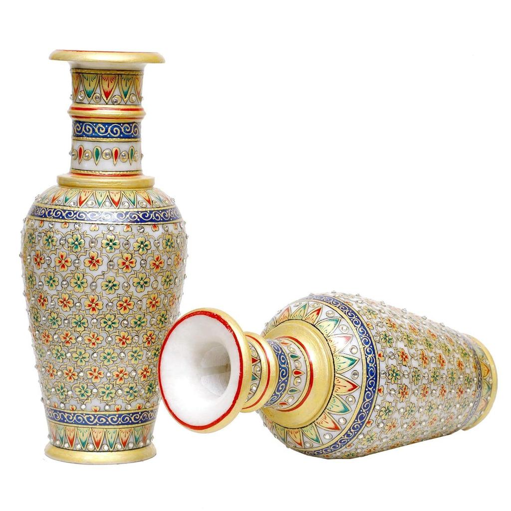 Designer Decorative Marble Flower Vase | Round Shape Beautiful Sea Color Rajasthani Meenakari Handpainted Work Showpiece Vases for Home