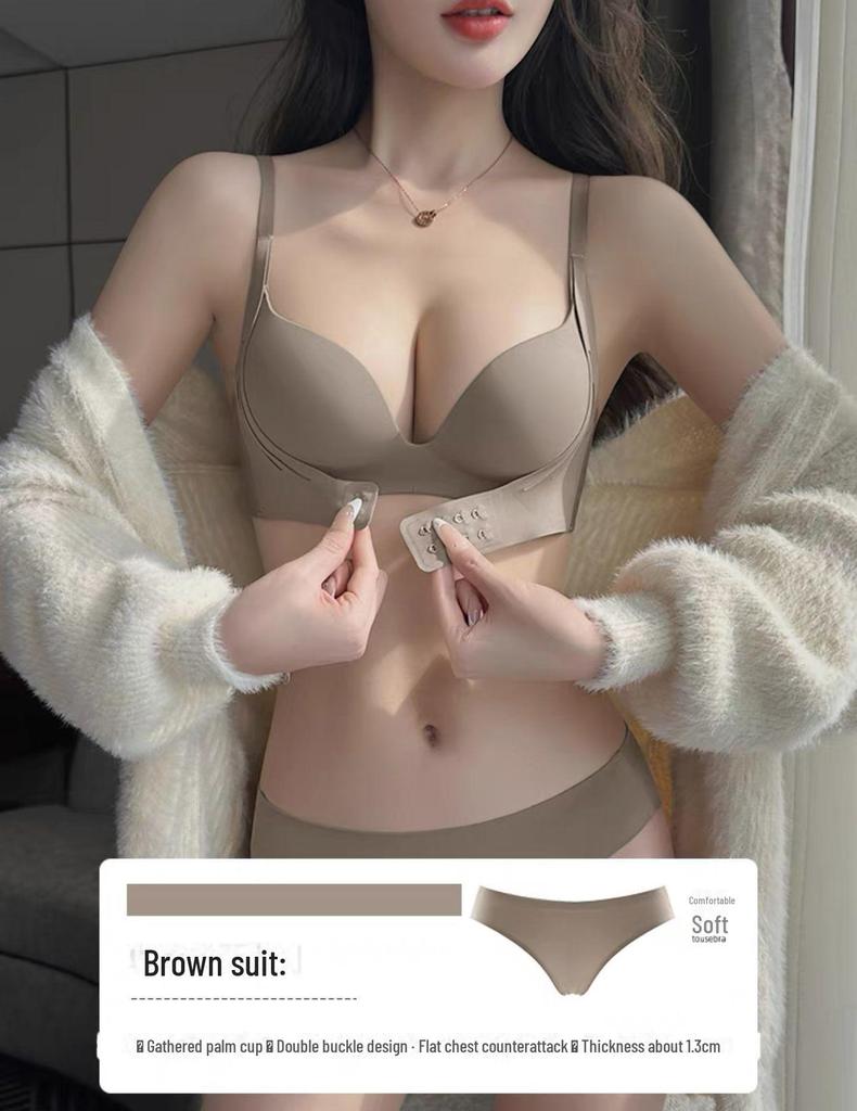 Girls' Front Buckle Seamless Bra Set - Anti-Sagging, Side Breast Support, No Empty Cup, Gathered Design