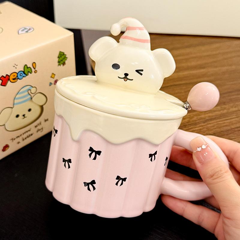 Cartoon Three Dimensional Puppy Lid Ceramic Cup with Spoon Cute Children's Household Mug Breakfast Milk Cup Souvenir