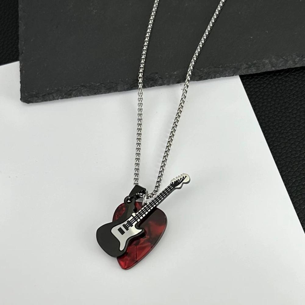 Punk Guitar Pick Pendant Necklace Titanium Steel Electric Guitar Sweater Chain  Boys