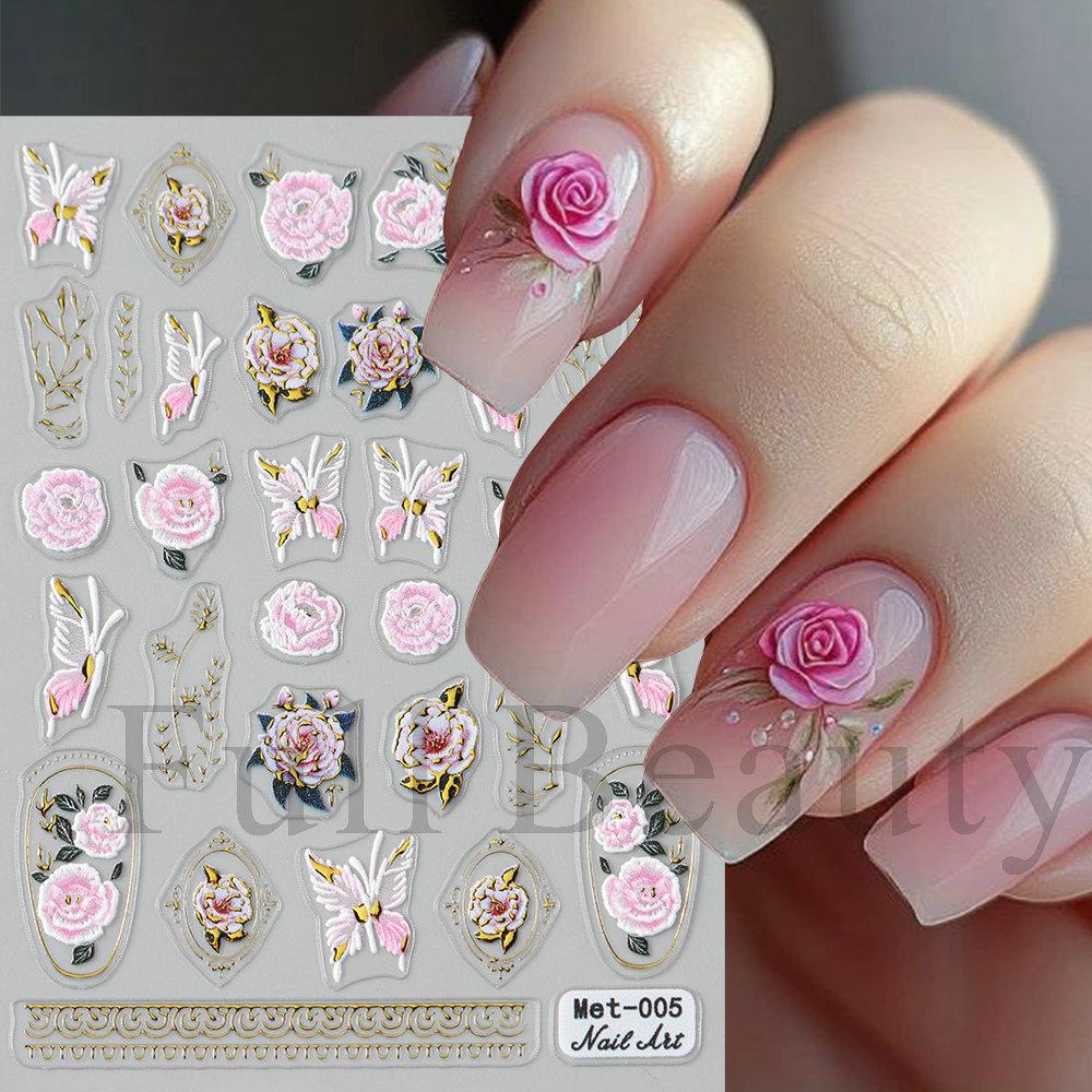 Nail Art Stickers Ins Hot Stamping Red Begonia Flower Cherry Blossom Daisy 3D Adhesive Nail Stickers