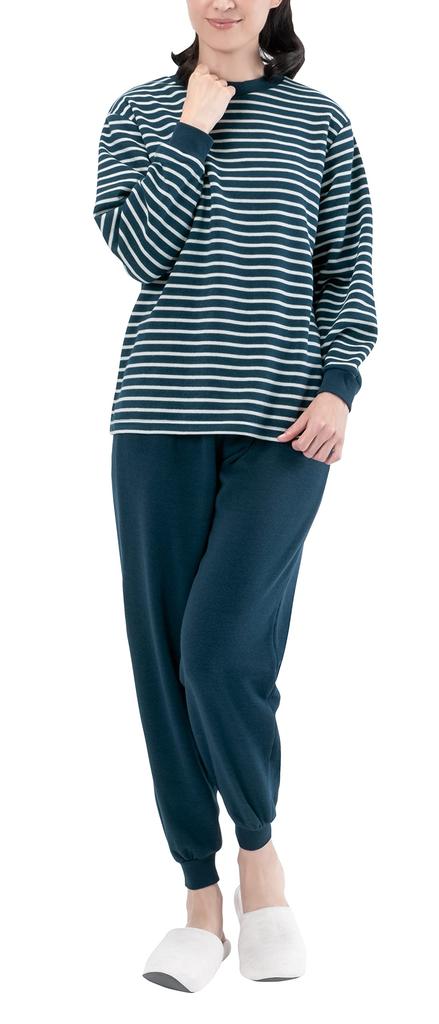 Servan Striped Navy and Fleece-lined Pajamas, Off-white, M-L, Women's