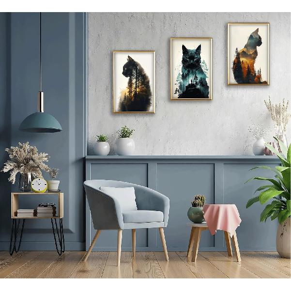 Funny Animals Canvas Wall Art Cute Black Cat and Forest Theme Pictures Wall Decor Abstract Sunset Mounta Nature Landscape Poster Painting Prints