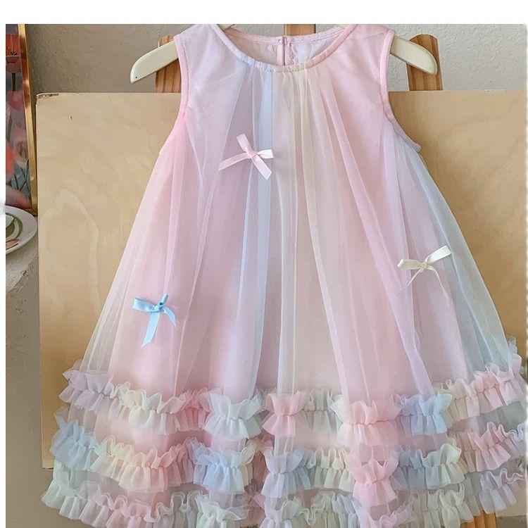 Girls Summer Rainbow Tulle Princess Dress Sleeveless Birthday Party Gown For Kids