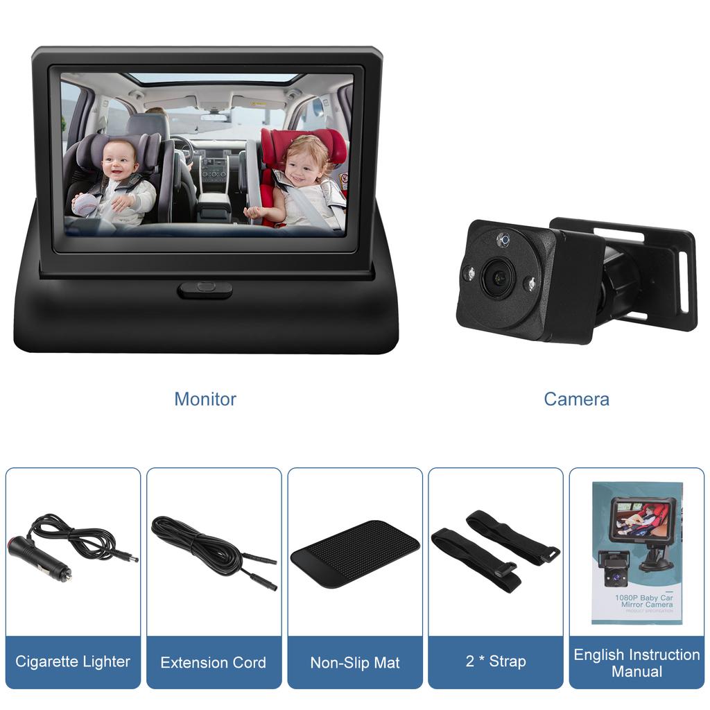 1080P Baby Car Camera, 4.3 Baby Monitor with Night Vision Function and 150 Degrees Wide View, 360 Degrees Rotation