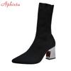 Fashion Aphixta Metal Color 7cm Square Heels Socks Boots Women Big Size 43 Stretch Fabric Elastic Pointed Toe Shoes Ankle Boot Woman