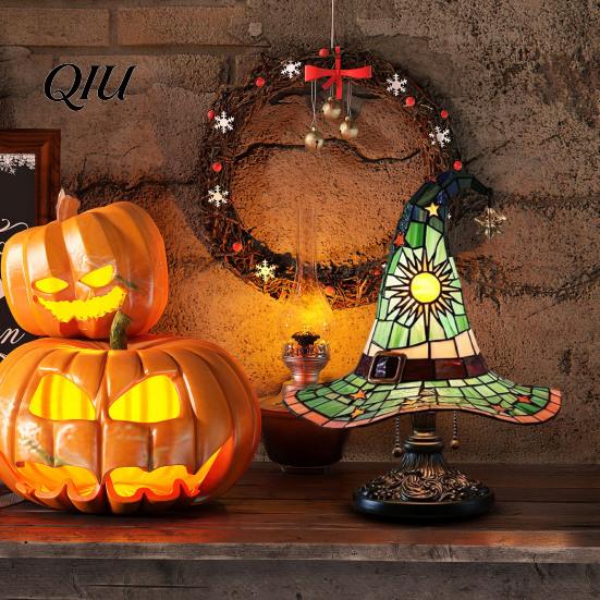 Fantasy Glass Lampshade Stained Style Witch Hat Lamp, USB Powered Resin Wizard Night Light Dorm Room Desk Lamp with Sun Star, Gothic Halloween