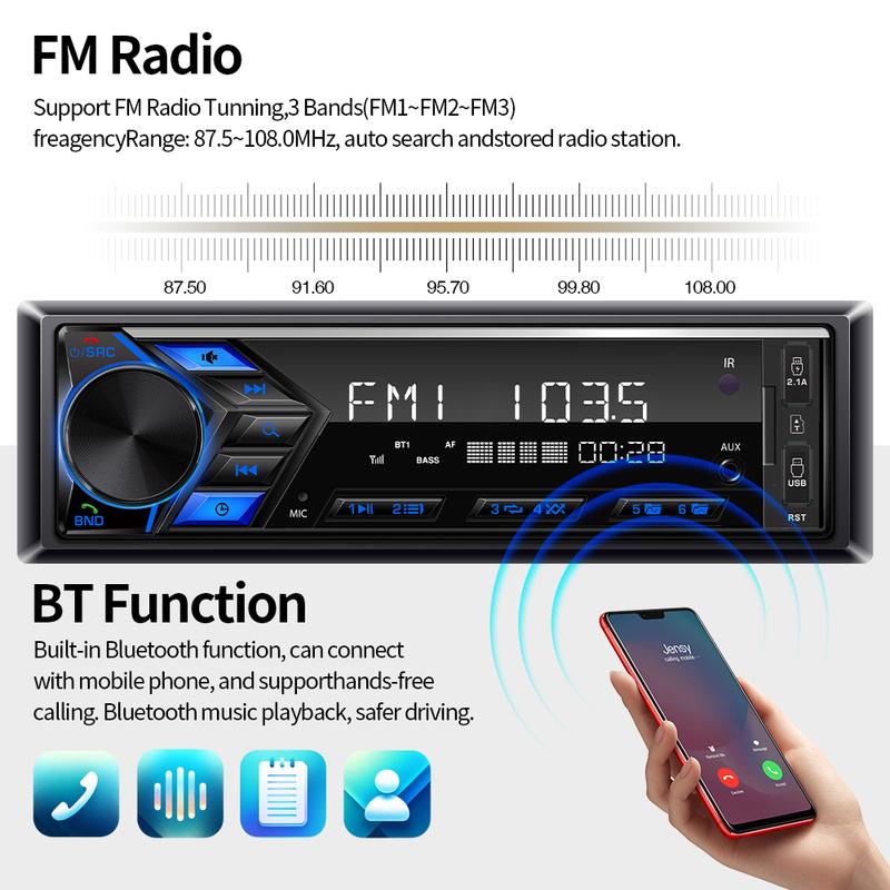 1DIN автомобильный радиоприемник MP3 мультимедийный плеер Bluetooth AUX TF карта USB поддержка зарядки телефона FM радио аудио эквалайзер стерео универсальное аудио