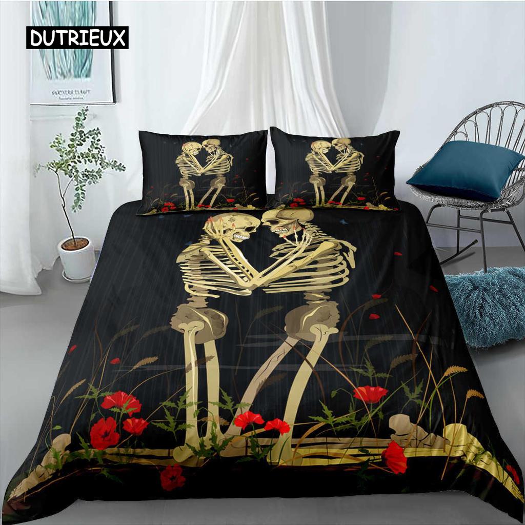 Skull Duvet Cover Set Queen Black Skeleton Paisley Floral Pattern Bedding Set for Teen Adult Polyester Halloween Comforter Cover
