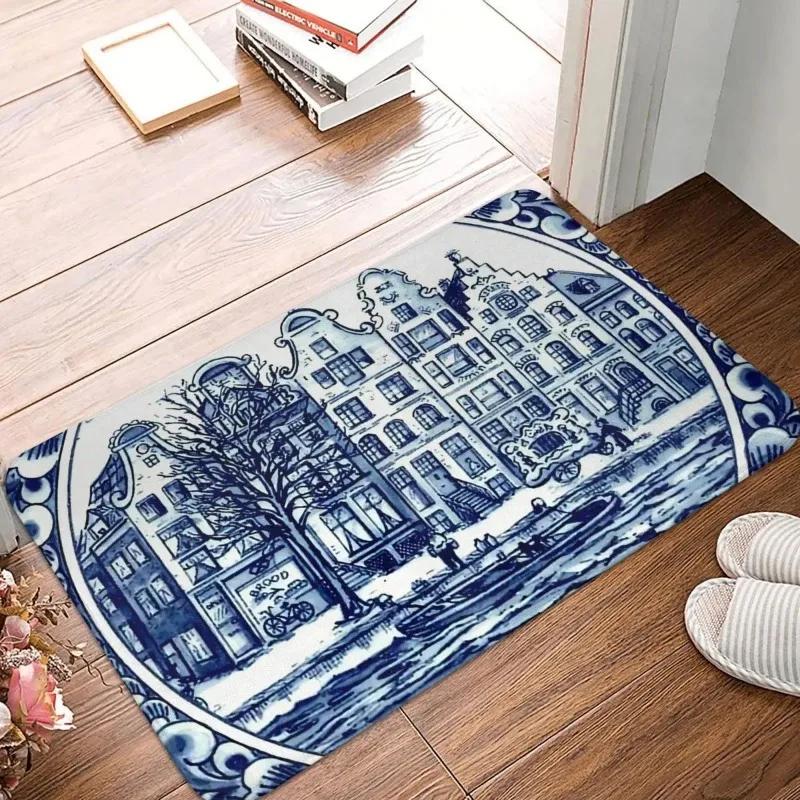Ретро Нескользящий Коврик Придверный Коврик Коврик для Гостиной DUTCH BLUE DELFT Винтажные Лодки в Канале Амстердама Принт Напольный Ковер Домашний Декоративный